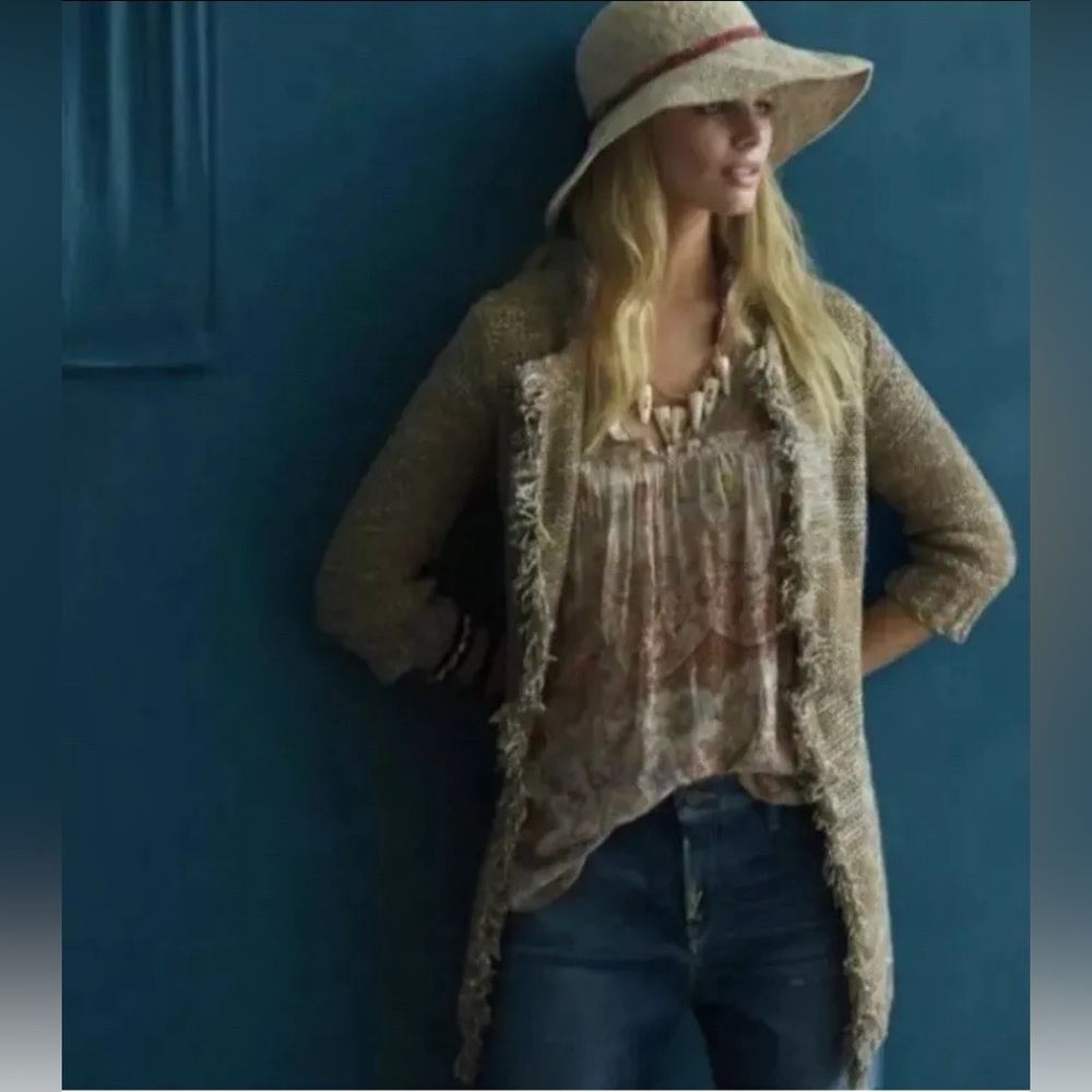 Anthropologie Sparrow Marled Peat Fringe Cardigan Sweater Size XS Brown Blue